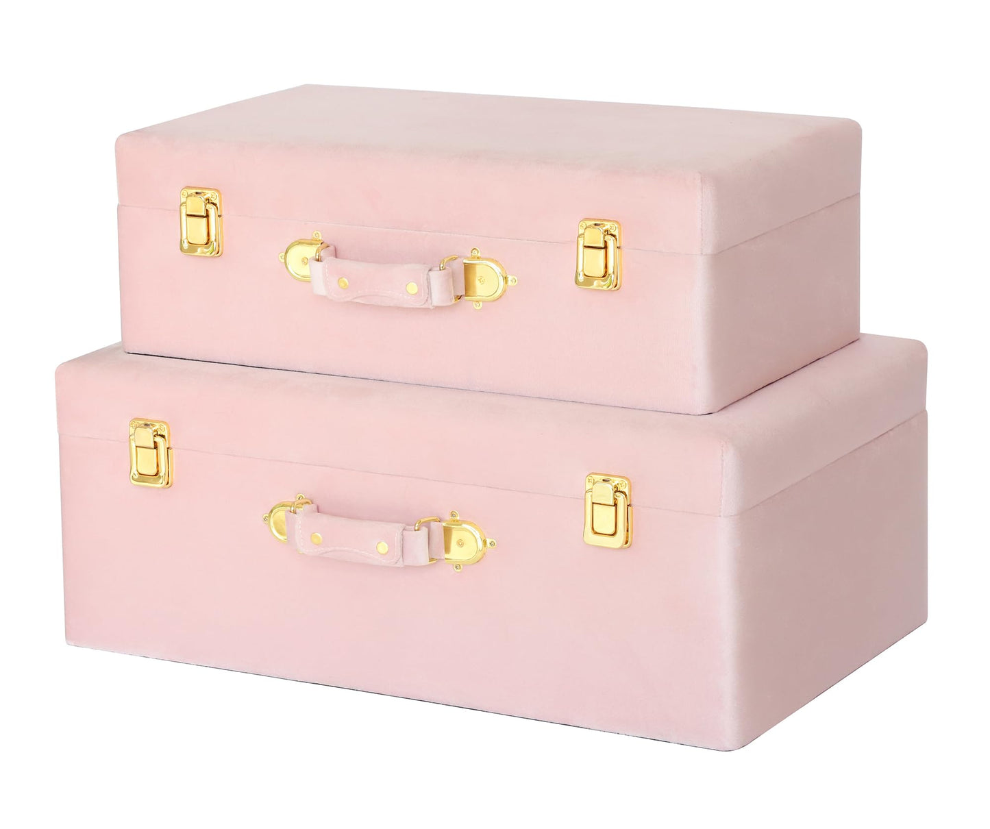 HofferRuffer Velvet Storage Trunks with Wood Frame, Set of 2 Storage Chests with Handles, Bedroom Organizer Nesting Upholstered Decorative Boxes Hinged Lid with Gold Hardware Accents (Pink Trunks)