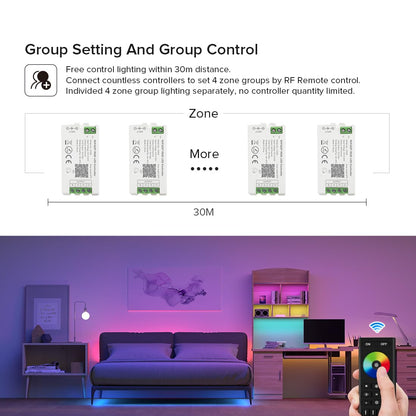 BTF-LIGHTING 5050SMD FCOB COB Dimming RF 2.4GHz Wireless Remote RC01RFB &4PCS C01RF Tuya Controller Kit 4 Zones Group Control PWM Single Color (+V -V) 2pin LED Neon Rope Light DC5V DC12V DC24V