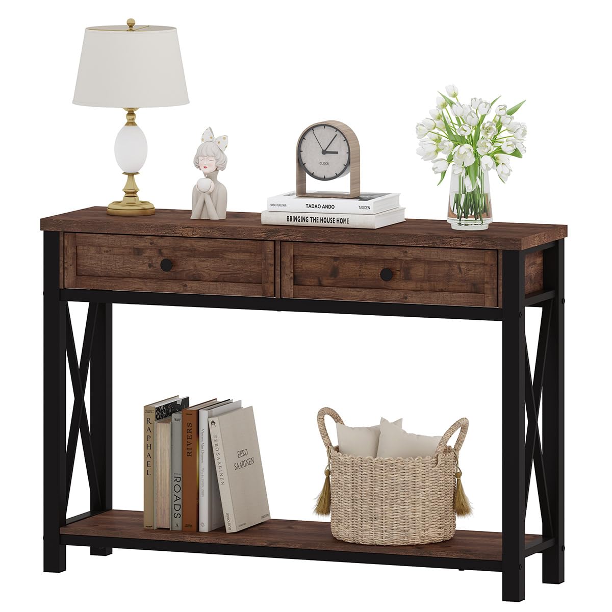 BON AUGURE Console Table with 2 Drawers, Entryway Tables with Storage, Sofa Table Behind Couch for Living Room, Farmhouse Entry Tables for Hallway, Foyer, Front Door (Rustic Oak, 47 Inch)