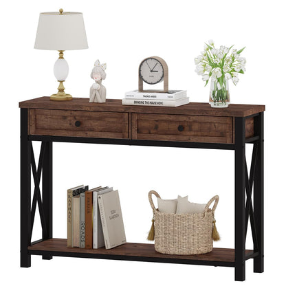 BON AUGURE Console Table with 2 Drawers, Entryway Tables with Storage, Sofa Table Behind Couch for Living Room, Farmhouse Entry Tables for Hallway, Foyer, Front Door (Rustic Oak, 47 Inch)