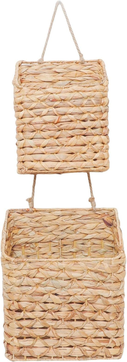 2-Tier Wall Hanging Wicker Water Hyacinth storage baskets Set, Woven Rustic