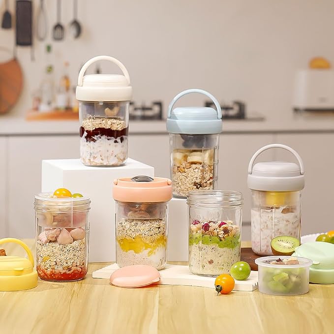 UWILLION Overnight Oats Containers with Handles, 16 oz Glass Mason Jars with Lids, Folding Spoons & Topping Compartments, Yogurt Parfait Cups for Meal Prep, Chia Pudding, Breakfast to Go, 4 Pack