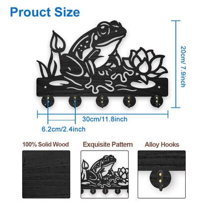 MAYJOYDIY Wooden Frog Lotus Flower Coat Hooks Summer Pond Key Holder for Wall 11.8×7.9inch Decorative Wall Hooks for Hanging with 5 Alloy Hooks for Entryway Kitchen Office Gift