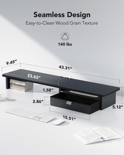 HUANUO Large Dual Monitor Stand with Drawer, Wood Monitor Stand Riser for 2 Monitors with Storage & Cable Management, Desktop Organizer up to 55" fit Monitor, Computer, TV, Printer