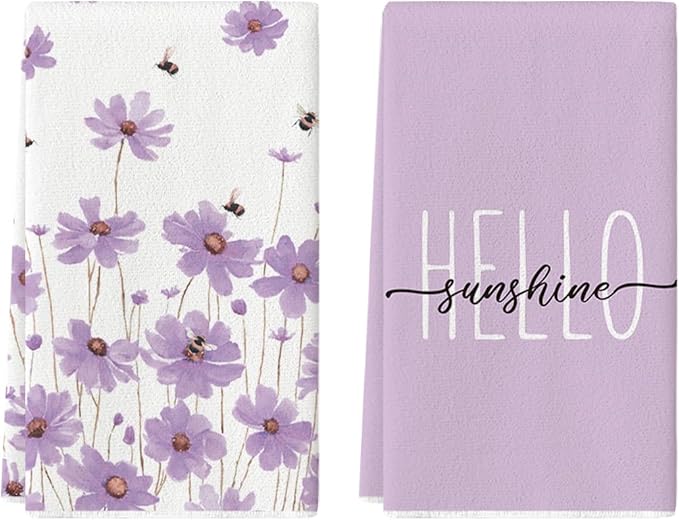 Artoid Mode Purple Flowers Bee Hello Sunshine Summer Kitchen Towels Dish Towels