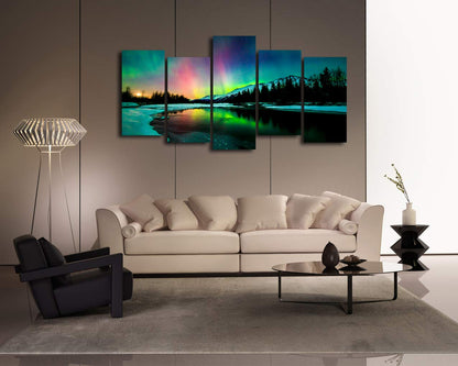 S01927 5 Pieces Wall Art Aurora scenery Painting on Canvas Stretched and Framed Canvas Paintings Ready to Hang for Home Decorations Wall Decor