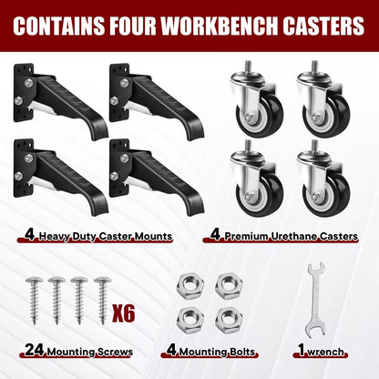 SPACECARE Retractable Workbench Casters Kit, Heavy Duty Workbenches Wheeels with 600 lbs Capacity, Adjustable Workbench Casters for Workbenches, Tables, and Cabinets, Easy to Install 4 Pack