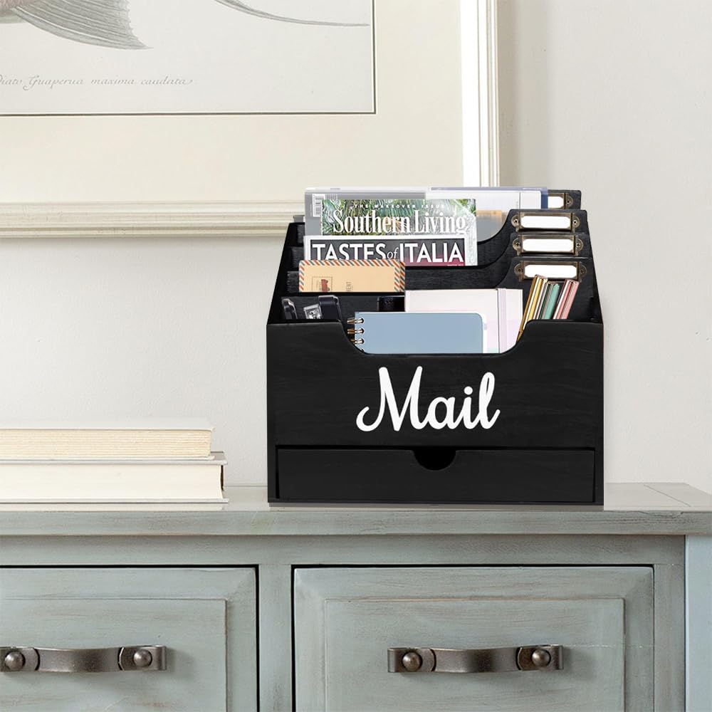 Niciksty Wood Desktop Mail Organizer, Mail Organizer Countertop with 4 Compartments and Drawer, Wood Mail Holder Sorter Organizer Holder for File Letter Paper Folder, Black Wooden Desk Organizer