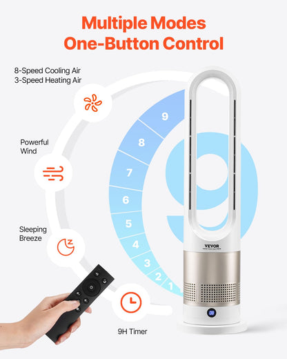 VEVOR Tower Fan Bladeless, 16 ft/s Velocity Quiet Floor Fan that Blows Cold & Heating Air, 80° Oscillating Fans with 8 Speeds, 9H Timer, Standing Fans with Remote Control for Bedroom, Office, Home