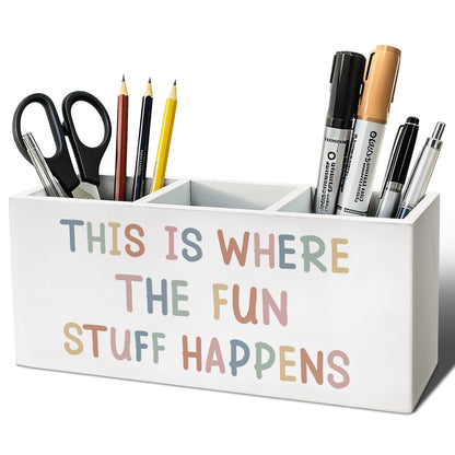 ELMCH Boho Classroom Pen Pencil Holder for Kids, Boho Playroom Wood Desk Organizer and Accessories, This Is Where the Fun Stuff Happens Pen Holder Desk Organizer for Kids Classroom Playroom Tabletop
