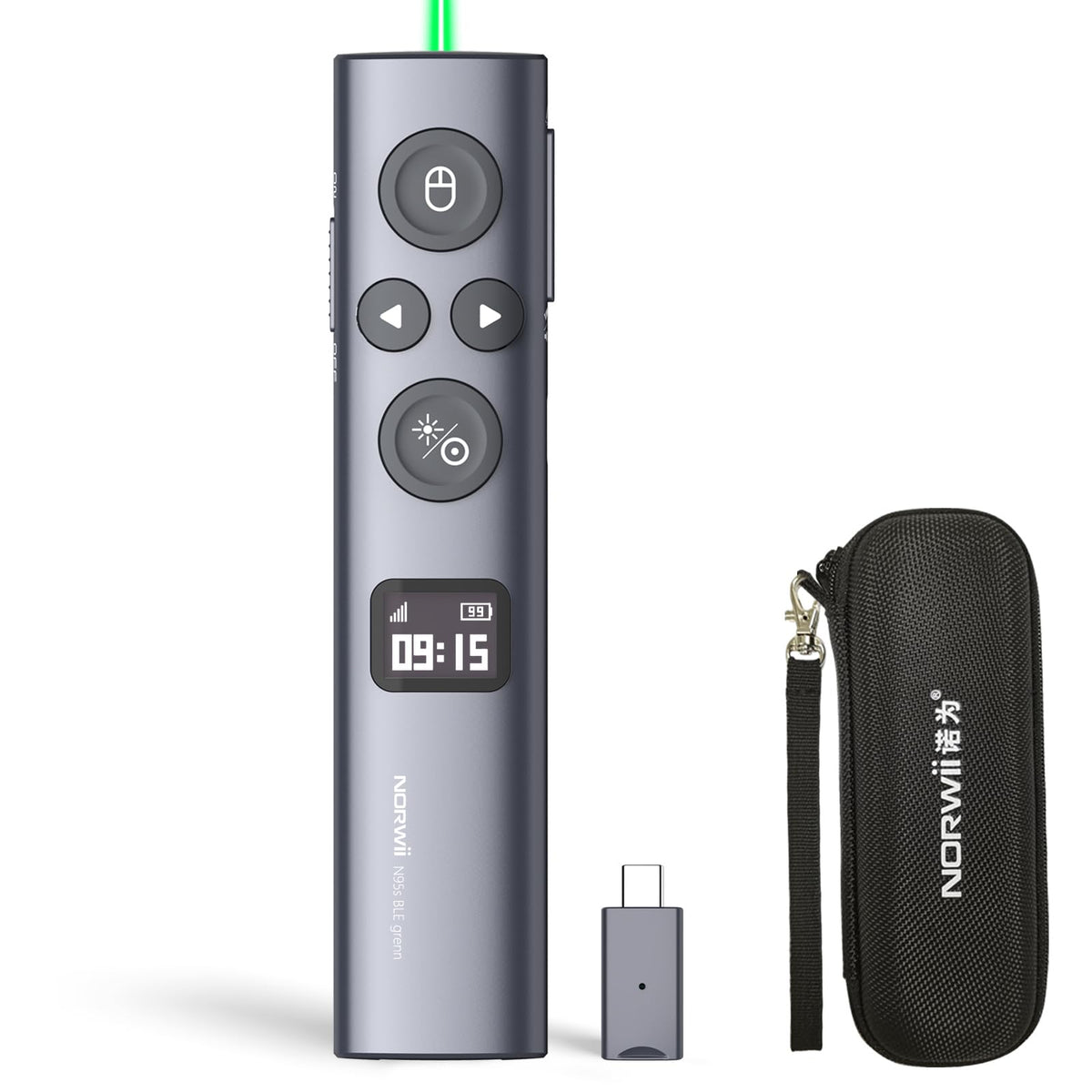 Norwii N95s BLE Presentation Clicker with Digital Pointer for PowerPoint Presentation on TV Screen and Projection Screen, Wireless Presenter Remote with Countdown Timer (Green Light-USB-C)