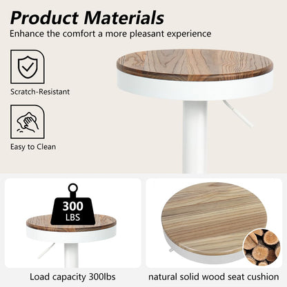 Kidol & Shellder Bar Stools Set of 2 White Round Adjustable Swivel Barstools Modern Backless Bar Chairs Wooden Seat Counter Height Stools Armless for Kitchen Island, Cafe, Dining Room