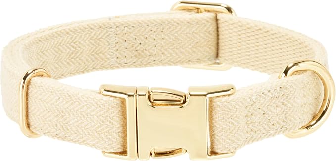 Luxury Soft Cotton Tweed Fabric Dog Collar & Leash Set with Gold Buckle – Durable Fabric, Stylish Design for Everyday Walks(Large Cream)