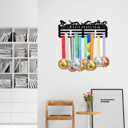 SUPERDANT Swimming Medal Holder Display Hanger Rack Sports Metal Wall Mount Ribbon Award Holder Display Rack Swim Race Medal Hanging Organizer Gifts for Kids Athletes Swimmer 15.75x6in