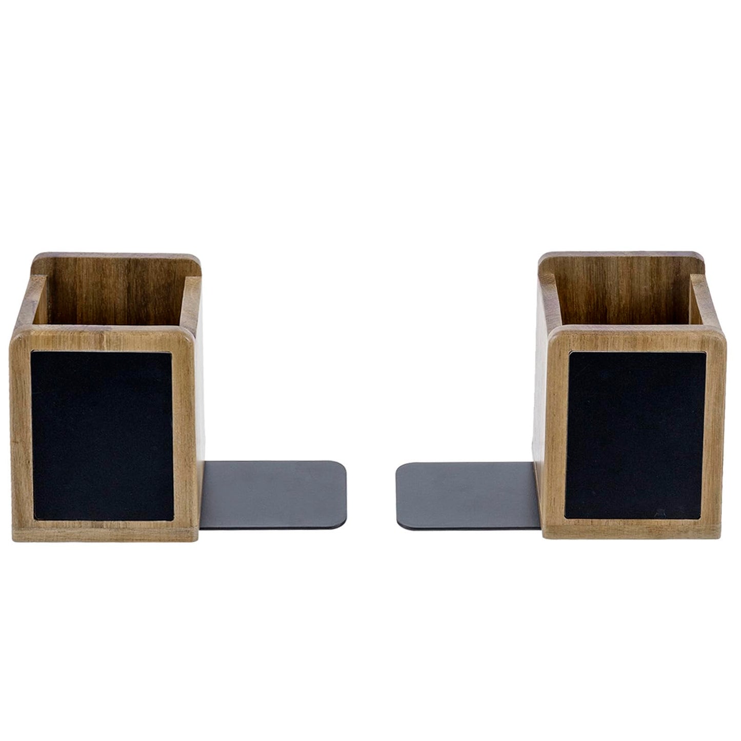 MyGift Wood Bookends and Pen Holders with Chalkboard Labels, Book Ends for Office Desk Shelves, Natural Wooden Rectangular Pencil Cups, Premium Acacia, 1 Pair