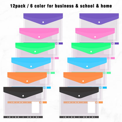 Colorlife Binder Pocket 12 Pack Plastic Envelopes Binder Folders 11 Holes Expandable Binder Folders for 2/3/4 Ring Document Pouch with Snap Button & Label Loose-Leaf Transparent for Office School Home