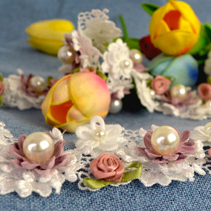 Kuasting 2 Yard Vintage Pearl Flower Ribbon Scallop Edge Trim Sewing Lace Trim Handmade DIY Sewing Supplies for Dress Embellishment (Pearl lace)