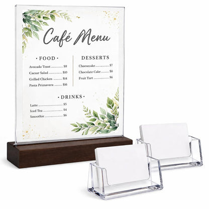 GALIIV Acrylic display stands. For 11 x 8.5 brochures with 2 card holders and wooden base, ideal for displaying restaurant menus, office brochures, and business cards.