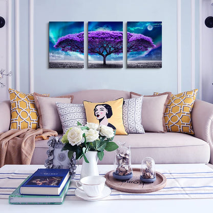 Lapremoly Canvas Wall Art For Living Room Boho Decor Bedroom Farmhouse Pictures Aurora Purple Tree Scenery Paintings Office Prints Dormitory Home Decorations 12'' X 16'' 3 Piece