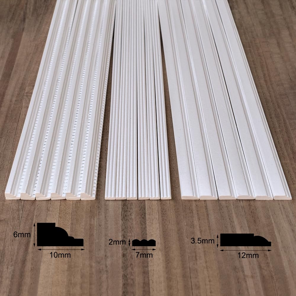 iLAND 1/12 Scale Accessories, 18PCS Wooden Dollhouse Trim and Molding Set, 17'' Long White Baseboard, Wall Moldings & Corner Trims, Miniature Building Supplies for Dollhouse Flooring Wall Décor