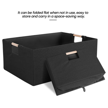 LaMorée Fabric Storage Bin Box Foldable Cotton Linen Storage Basket with Wooden Handles Rectangular Cube Decorative Home Laundry Organizer Clothes Blanket Container – Black, Large