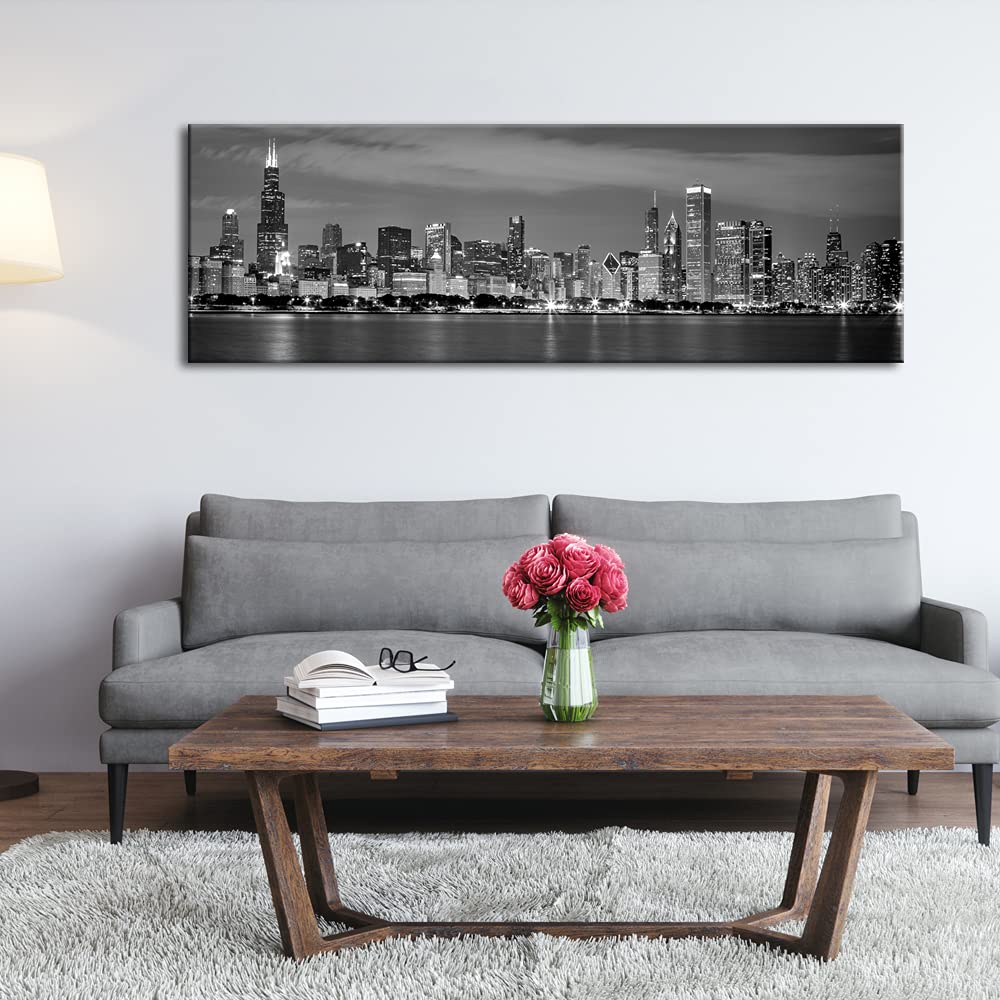 Wieco Art New York Manhattan Night View in Black and White Giclee Canvas Prints Modern Stretched and Framed Art work Cityscape Pictures Paintings on Canvas Wall Art for Bedroom Home Decorations