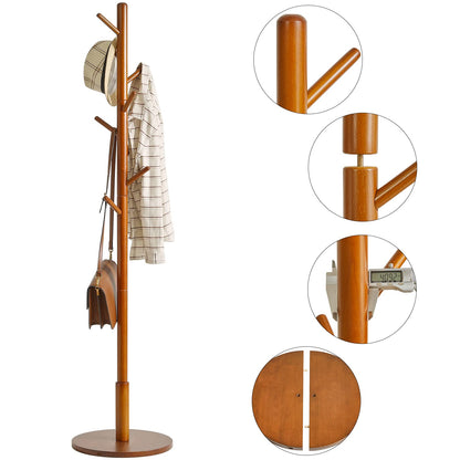 IBUYKE Coat Rack Stand, Freestanding Coat Tree with Solid Round Base and 8 Hooks, Easy Assembly Wooden Coat Hanger, Clothes Rack for Hallway Entryway, Living Room, Bedroom, Office, Brown WD-113