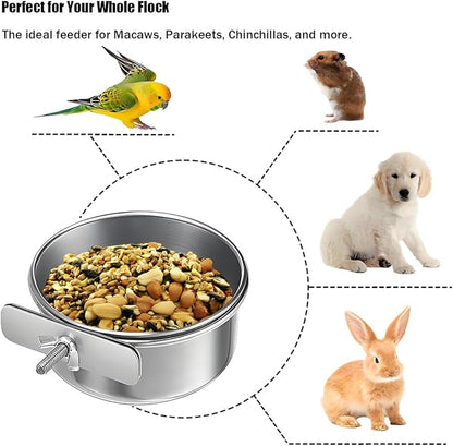 Parrot Feeding Cups Stainless Steel Bird Cage Feeder & Water Bowl - Chew-Proof Food Bowls with Clamp Holder for Parrot, Cockatiel, Conure, Budgie, Macaw, and Small Animals (S-1Pc)