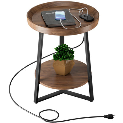 Gadroad Round End Table with Charging Station, USB Ports, Wood Tabletop & Black Metal Frame, 2-Tier Side Table for Living Room, Bedroom, Brown 15.7 * 15.7 * 23.0inches