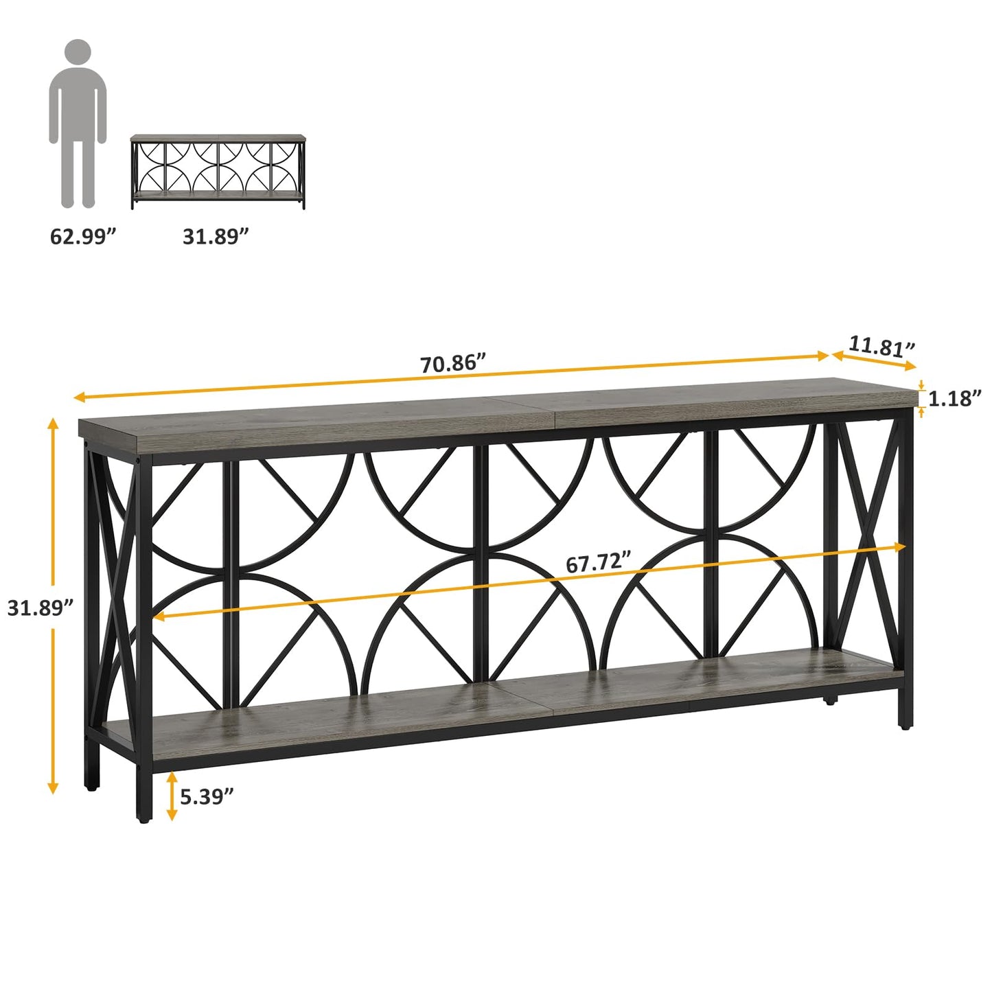 Celaform 70.9-Inch Extra Long Sofa Table, Narrow Console Table Behind Couch with Storage for Entryway, Living Room, Entrance, Hallway, Foyer, Unique Geometric (Grey)