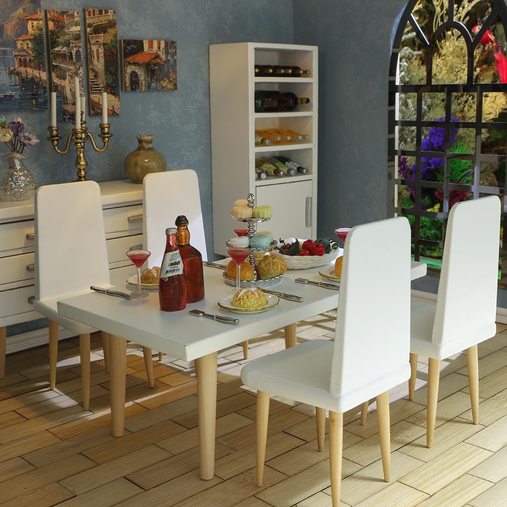 iLAND Dollhouse Furniture on 1/12 Scale of Dining-Room, Wooden Doll House Furniture Miniature of Table Chair & Cabinet (Modern Miniature Furniture 8pcs)