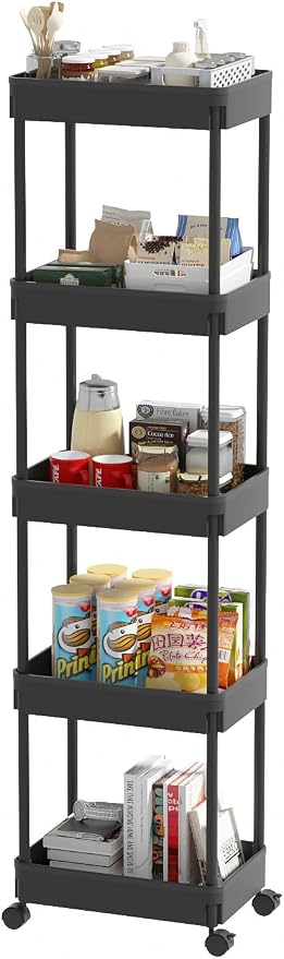 Sooyee 5-Tier Plastic Rolling Utility Cart with Wheels, Multi-Functional Storage Trolley for Office, Living Room, Kitchen, Movable Storage Organizer, Black