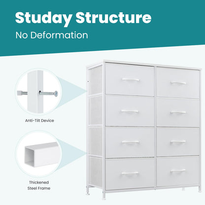 OLIXIS Dresser for Bedroom, 8 Storage Drawers, Tall Large Fabric Storage Tower Organizer, Chest of Drawers with Metal Frame Wooden Top for Nursery, Closet, Living Room, Entryway, White