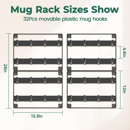EsLuker.ly Mug Holder Hanger Rack Wall Mounted Wooden 4 Pack Coffee Cup Storage Organizer Display Shelf with 32 Movable Plastic Hooks, Ideal for Mug Collectors, Black