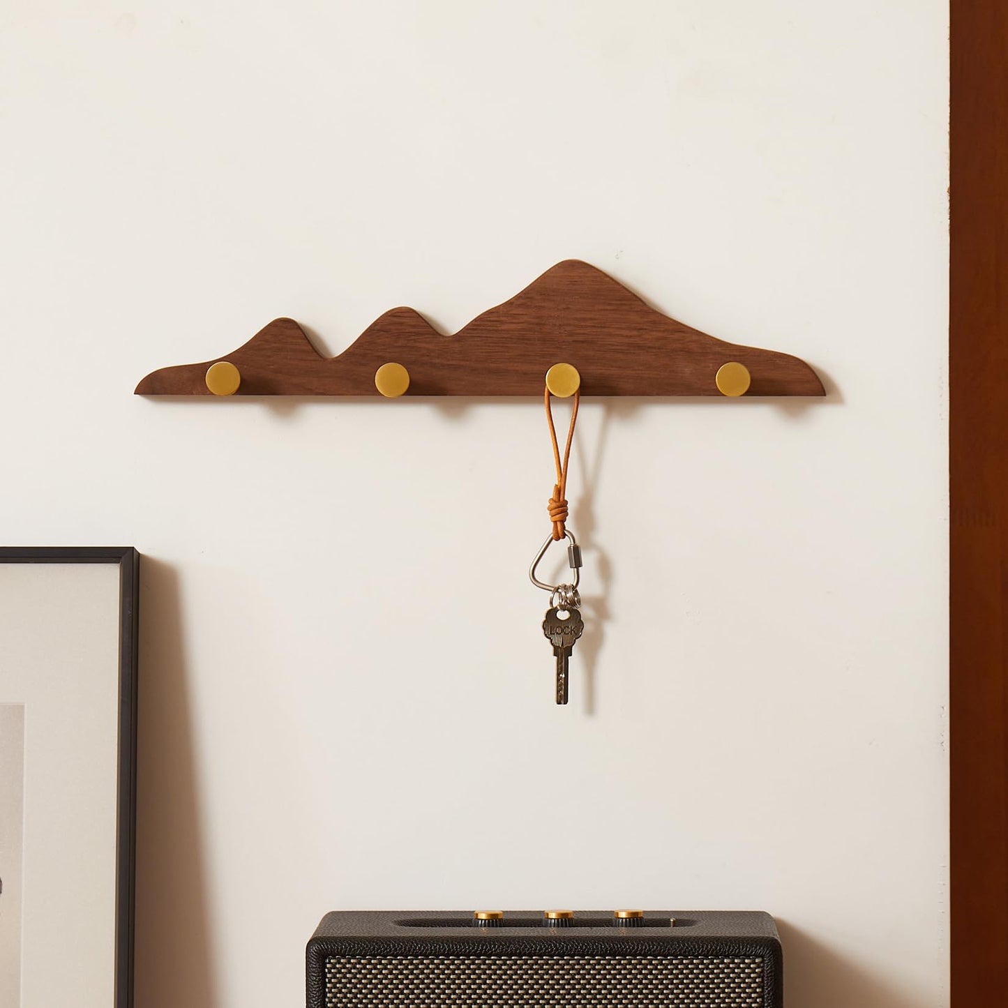THFLSTR Elegant Wall Coat Rack with Hooks Walnut Wood Solid Coat Hanger Wall Mount with 4 Brass Hooks, Moisture-Resistant Wax Oil Finish for Home(Walnut, 4 Hooks)