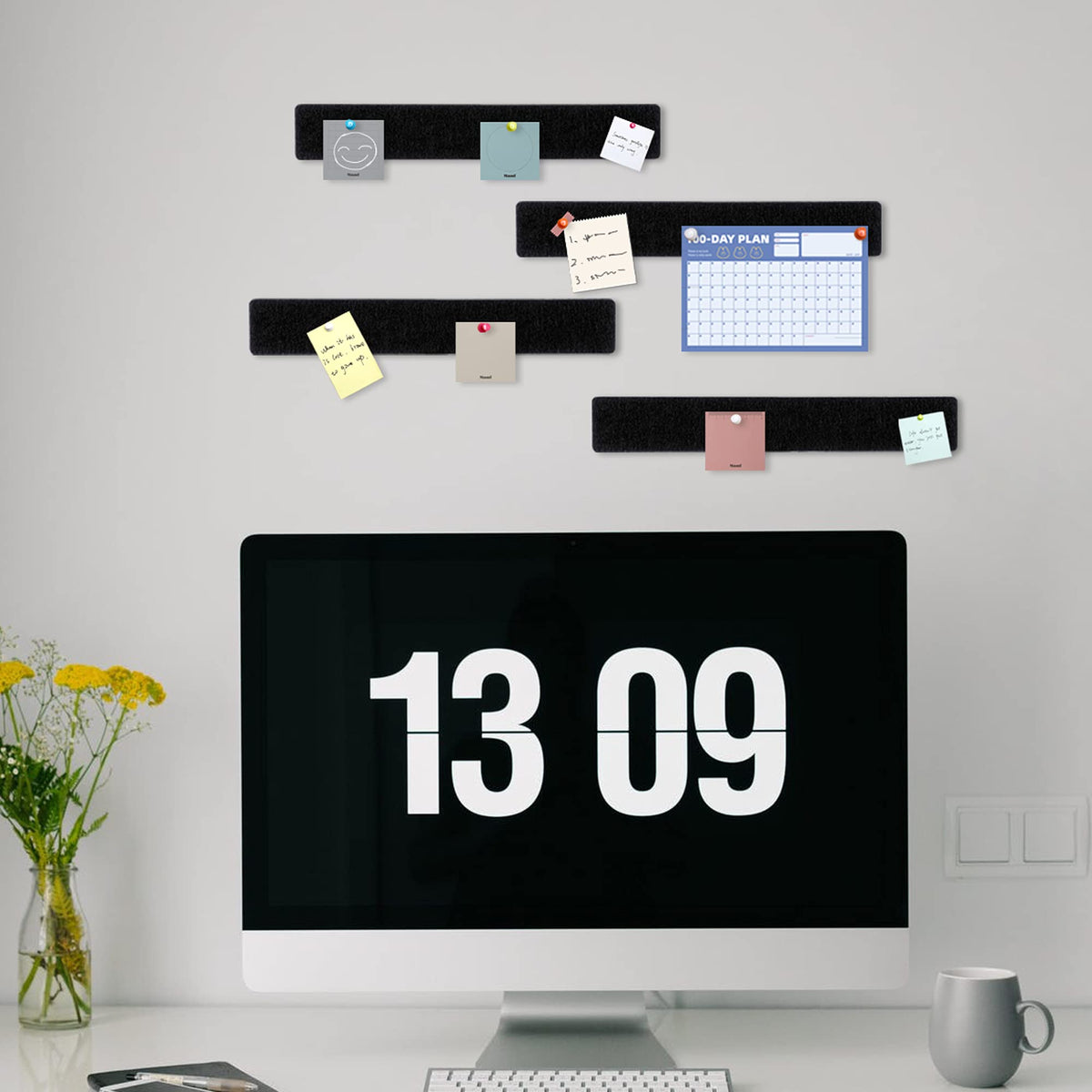 GoTiling Cork Board for Walls - 8 Pack Felt Pin Board Bar Strips - Self-Adhesive Lightweight Bulletin Board - Cork Board for Office with 40 Push Pins No Damage for Wall (Dark Grey)