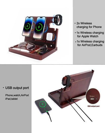 Nightstand Organizer with Dual 15W Phone Wireless Charging Station for 2 iPhone,Apple Watch and Airpods,Bamboo Wood Phone Docking Station,Gifts for Men Dad Husband