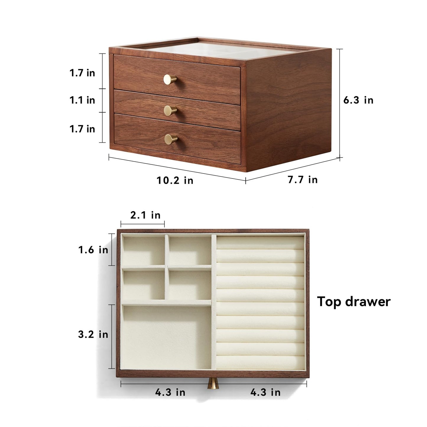CHOSIN Black Walnut Wooden Jewelry Box for Women, 3-Layer Wood Jewelry Organizer with Glass Lid for Watches, Necklaces, Rings & Earrings Storage, Ideal Gift for Her, Fathers Day Gift
