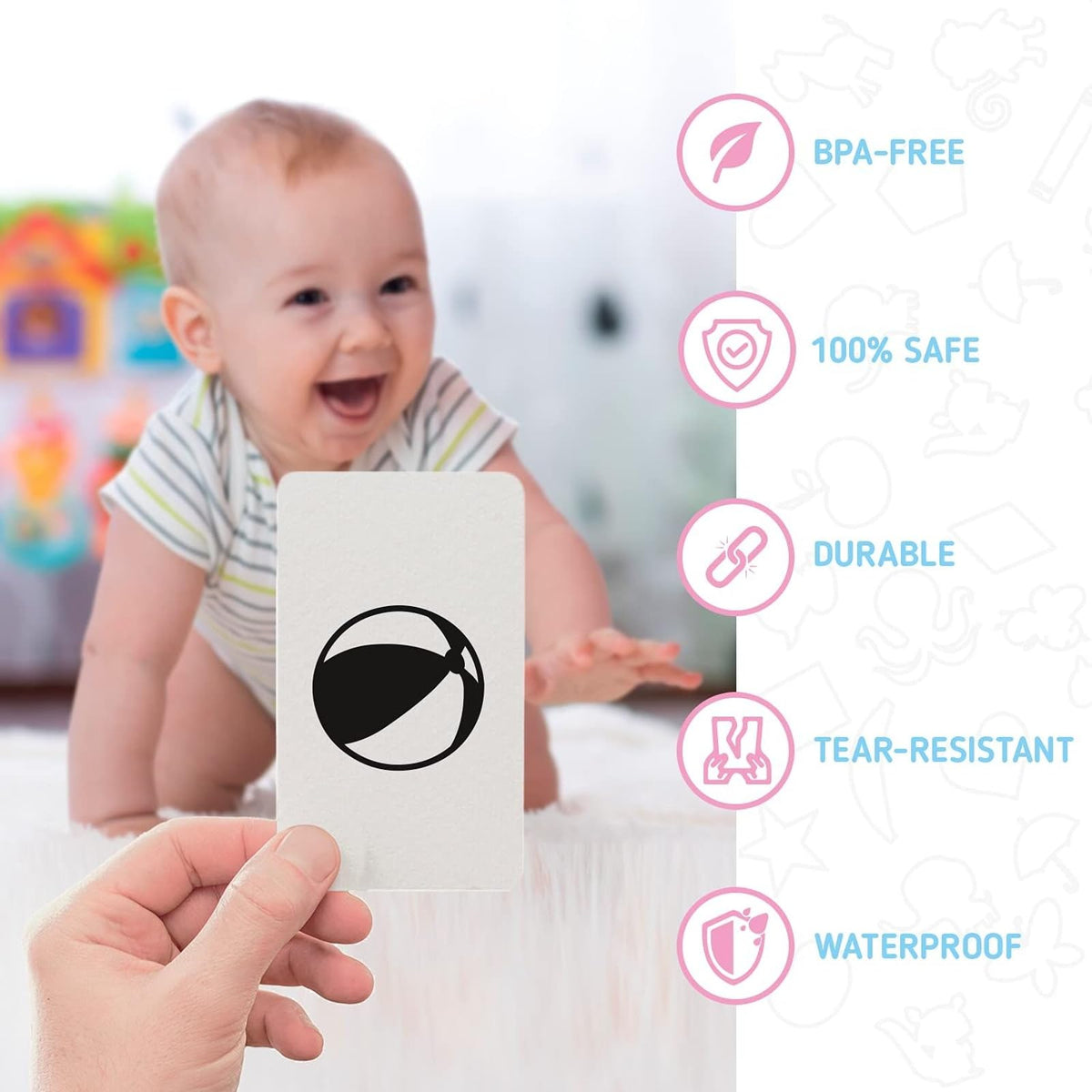 Merka Newborn Toys & Sensory Flash Cards for Babies - High Contrast Baby Cards - 50-Pack Paper, 2.4 in x 4.2 in, Black & White - Visual Stimulation & Brain Development for 0-3 Months