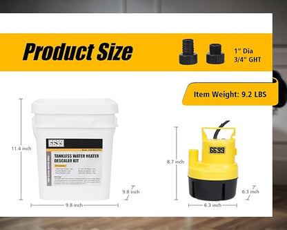Tankless Water Heater Flushing Kit Includes 1/4HP Submersible Sump Pump with Two Adapters & 3 Gallons Pail with Bucket Lid Opener & Two 1/2” Dia X 6’ PVC Hoses with Washers
