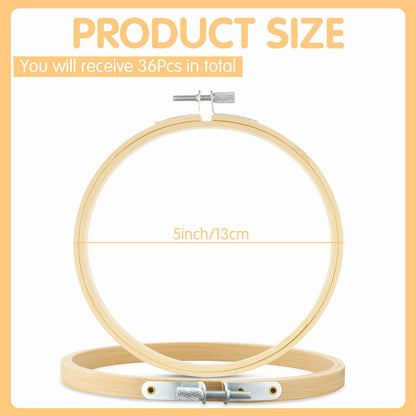 Weysat 5 Inch Embroidery Hoops Bulk Bamboo Circle Cross Stitch Hoop Round Ring Easily Loosen Tighten Bamboo Embroidery Frame Adjustable for Art Handy Sewing Wall Decoration Craft (36 Pcs)