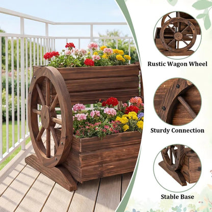 Piler Rustic 2-Tier Wooden Wagon Planter, Carbonized Fir Wood, Coffee Color, Raised Garden Bed with Wagon Wheel Design, 18 x 17.5 x 14 Inches, for Flowers, Herbs and Vegetables