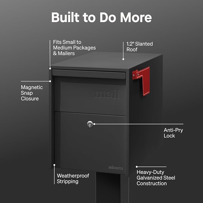 Adoorn Lockable Post Mount Mailboxes for Outside - Large Anti-Theft Locking Mailbox for Packages and Letters - Weatherproof Construction - Durable Steel - 15.5" H x 12" W x 18.5" D - Black