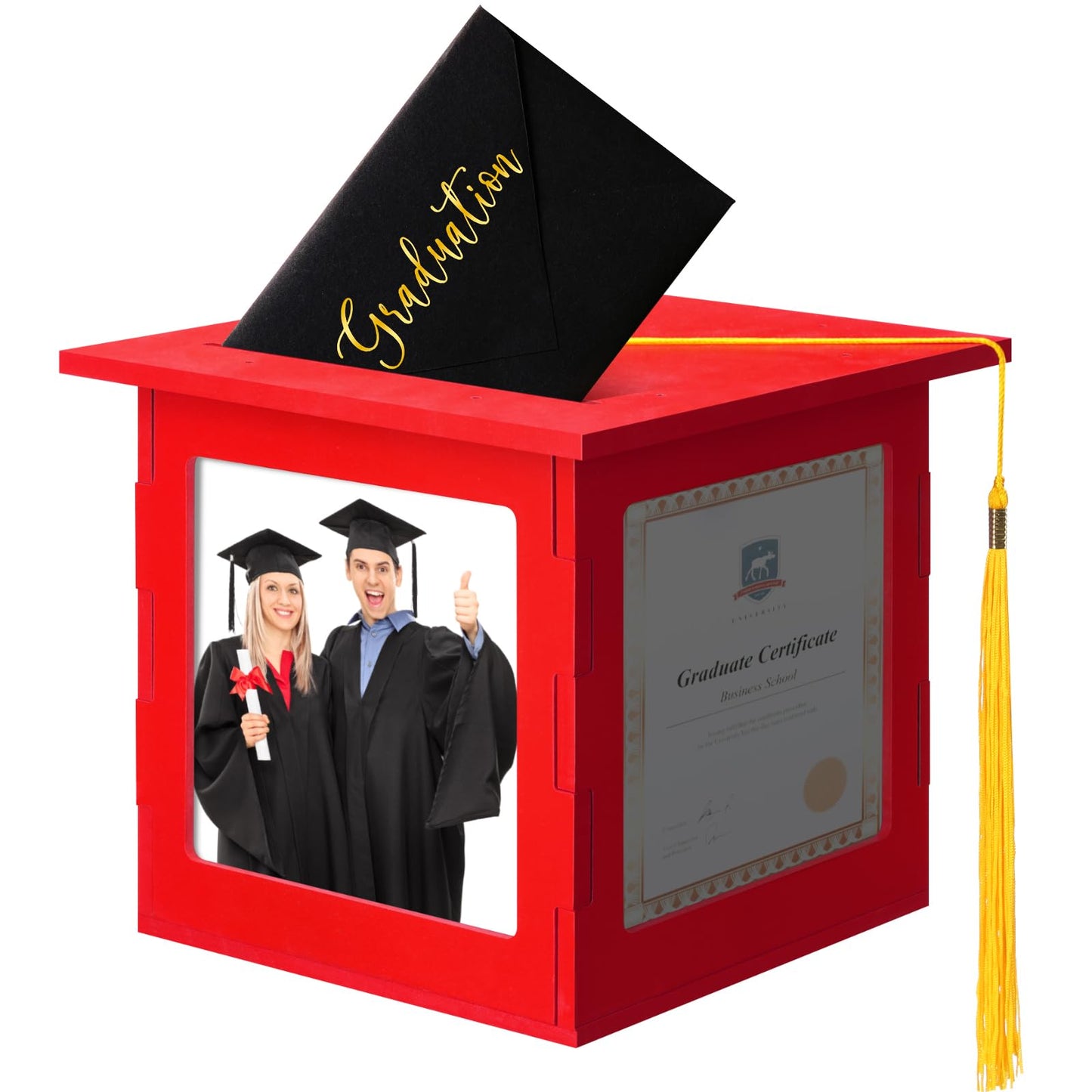 Menkxi 2026 Wooden Graduation Card Box Holder for Party with Picture Frame Graduation Cap Shaped Gift Card Box Decorations with Tassel for Grad College Party Favors(Red)