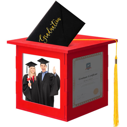 Menkxi 2026 Wooden Graduation Card Box Holder for Party with Picture Frame Graduation Cap Shaped Gift Card Box Decorations with Tassel for Grad College Party Favors(Red)