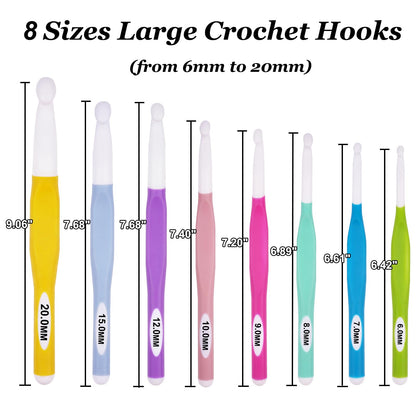 Hobekoee 36Pcs Crochet Hooks Set with Case,8 Sizes Ergonomic Crochet Hooks for Arthritic Hands,Long Crochet Needles 6mm-20mm Crochet for Weaving Blankets,Coaster,Bag