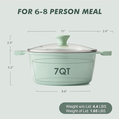 SENSARTE Ceramic Nonstick Stock Pot with Lid, 7 Quart Induction Cooking Pot with Tempered Glass Lid, Stew Pot for Soup and Oatmeal, Pasta Casserole, PFOA PFAS PTFE Free, Green