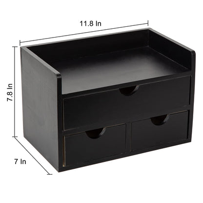 ExoLiry Black Bamboo Desk Organizer Wooden Storage Cabinet 3 Drawers with Shelf Tabletop Organization Box Home Office Workspace Bathroom Toiletries Supplies Caddy Vanity Makeup Stationery Holder