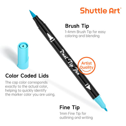 Shuttle Art Pastel Brush Pens, 56 Pastel Colouring Pens, Dual Tip Brush Markers with Fineliner Tip, Drawing Felt Tip Pens for Adults Colouring Books, Painting Sketching Calligraphy and Journaling