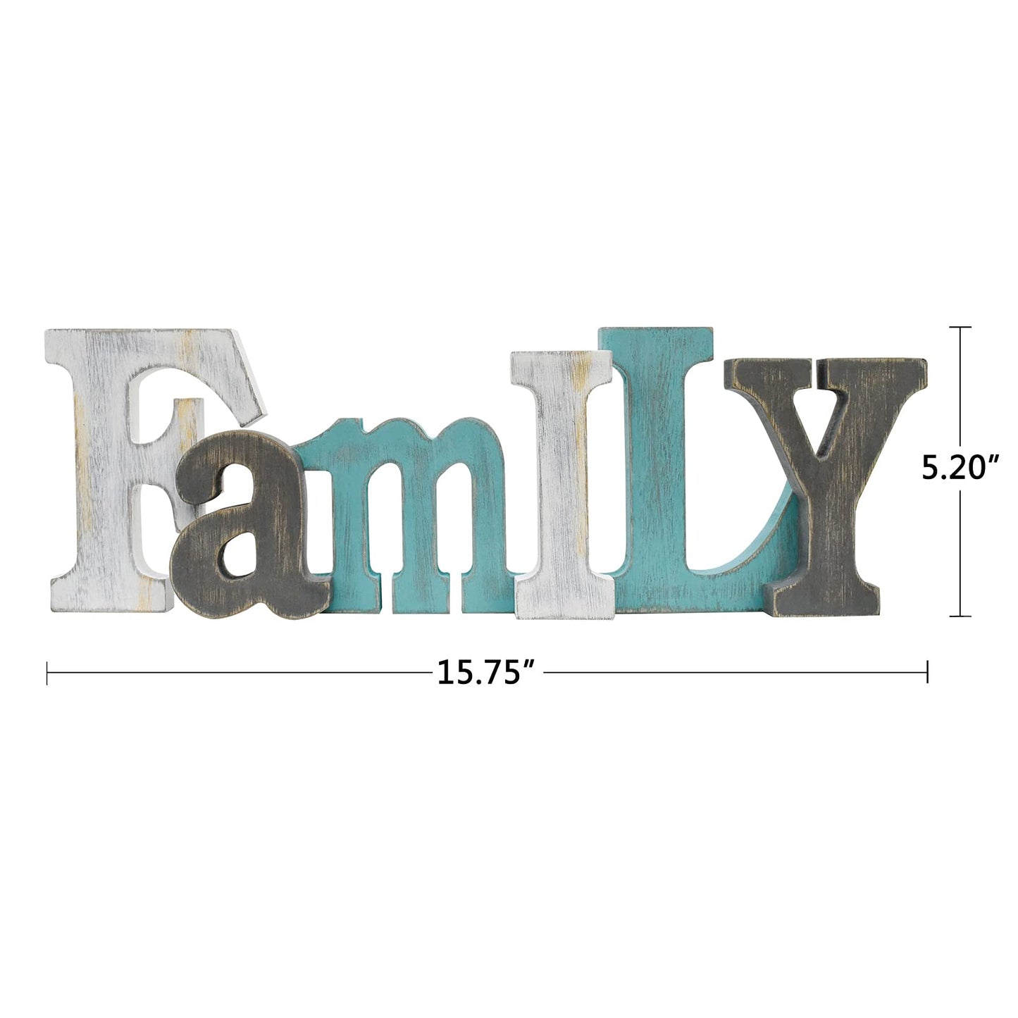 E-view Wooden Letters Sign Decorative Wood Block Signs Freestanding Word Cutout Distressed Teal Sign for Shelf Table Mantle Hanging Ornament Rustic Home Decor (Family)